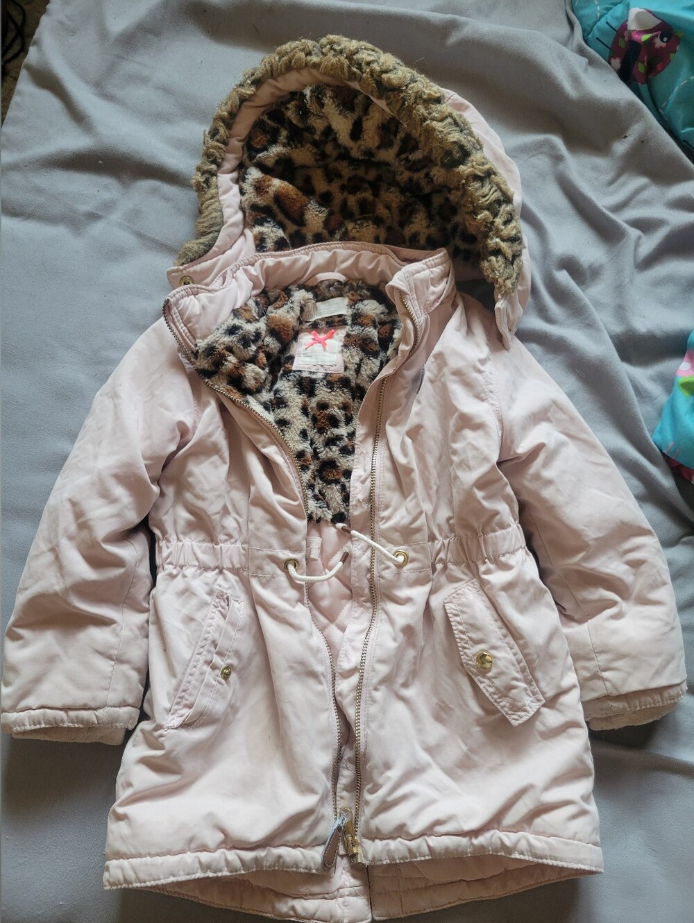 Girls' Light Pink Fleece-Lined Parka Jacket with Leopard Hood